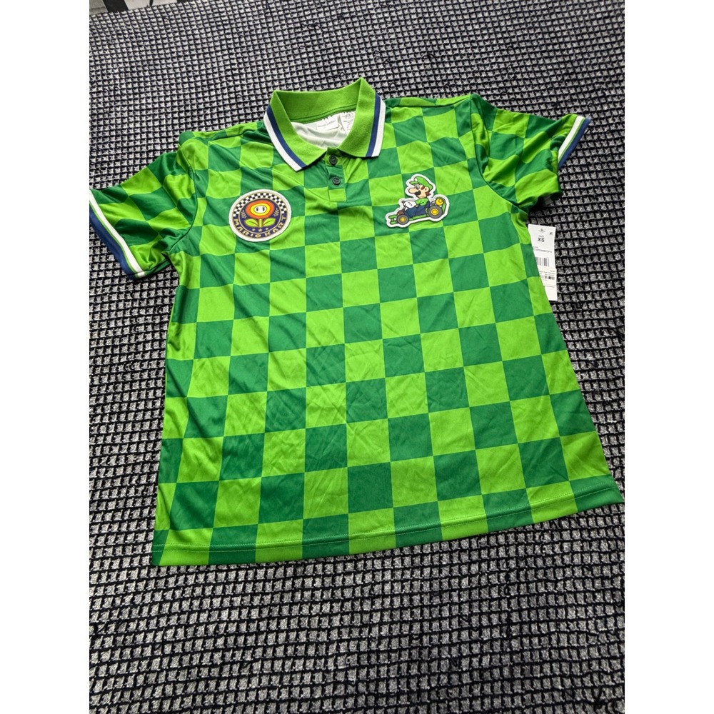 Nintendo Mario Kart Polo Shirt Mens XS Green NEW Luigi Checkered Jersey Z458
